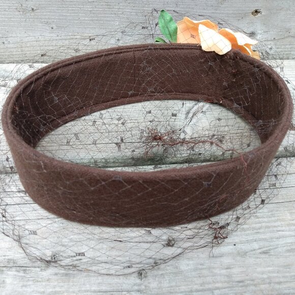 Vintage Brown Ring Hat with Netting and Orange Flower Bandeau Crown Autumn - Picture 4 of 8